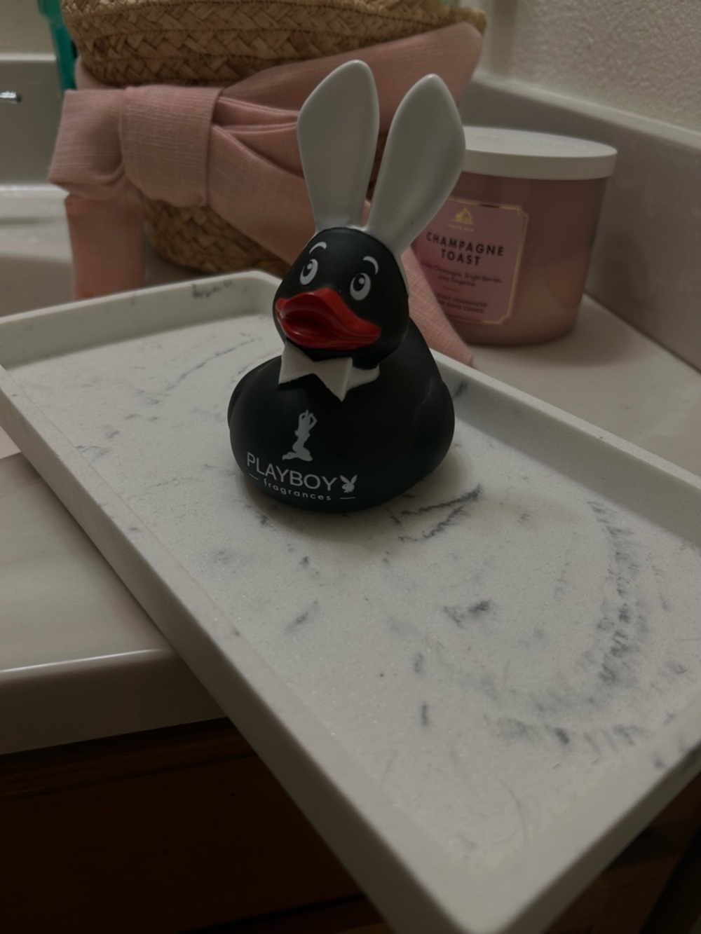 Playboy Bunny Rubber Duck and marble tray bathroom decor